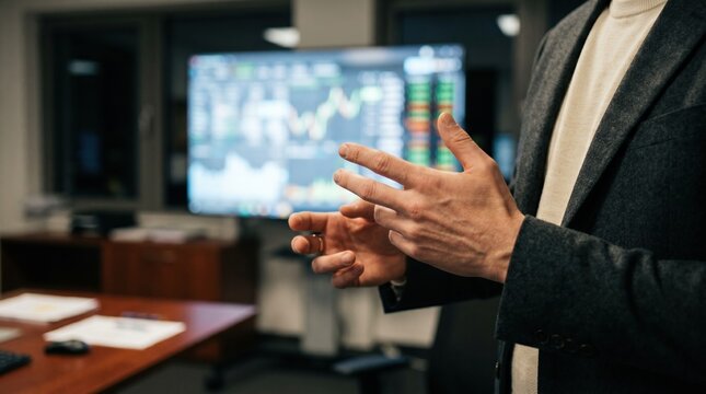 Medium shot of hands gesturing towards a blurred display of variant metrics as an algorithm adjusts ads in realtime optimization.