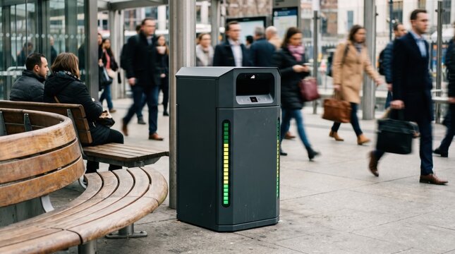 Closeup medium shot of a smart waste bin with filllevel indicators positioned near transit hub benches with blurry commuters walking by.