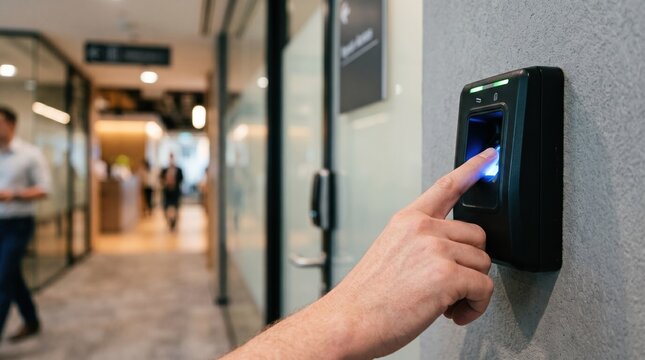Medium shot of a biometric fingerprint reader with a hand pressing the scanner blurred office corridor in the background emphasizing secure access control zones.