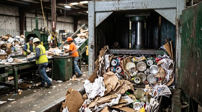 Closeup on mixed recyclables including metal cans and paper being fed into a baler machine with outoffocus workers preparing materials in the backdrop.