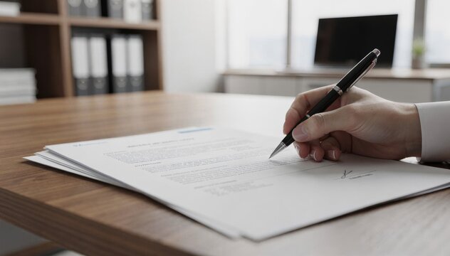 Focused shot of a contract with regional patent clauses being signed while the surrounding office environment remains softly blurred reflecting regional pharmaceutical licensing