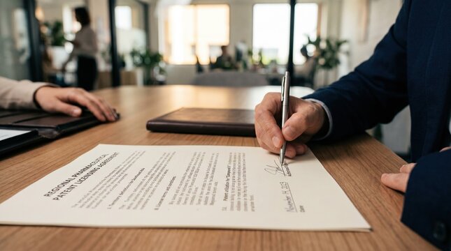 Focused shot of a contract with regional patent clauses being signed while the surrounding office environment remains softly blurred reflecting regional pharmaceutical licensing