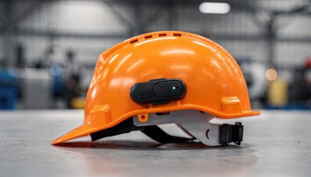 Medium shot of a vibrant safety helmet featuring an innovative wireless asset tracking tag sharply detailed against a softly blurred industrial setting.