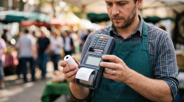 Focused medium shot of a mobile POS device held by a vendor with the handheld receipt printer attached background softly out of focus to emphasize usability.