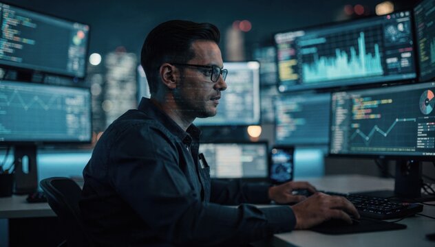 Medium shot showing a cybersecurity specialist accessing encrypted digital credit report archives with outoffocus monitors enhancing data protection theme.