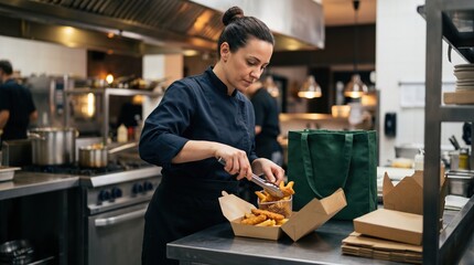Fototapeta premium Medium shot of a chef preparing branded food packaging with a blurred kitchen background showcasing the transfer of food franchise branding.