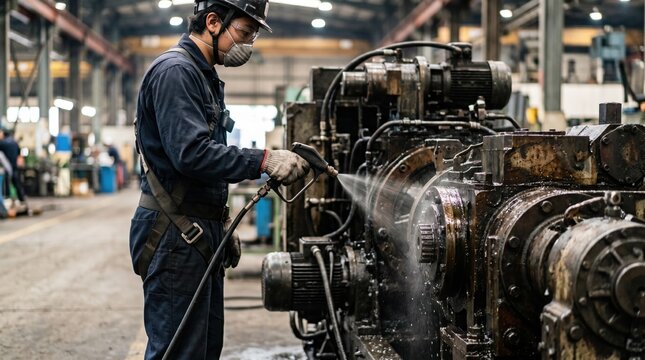 Medium shot of a technician spraying industrial degreaser on heavy machinery in a factory focusing on the equipment with a blurred background.