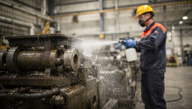 Medium shot of a technician spraying industrial degreaser on heavy machinery in a factory focusing on the equipment with a blurred background.
