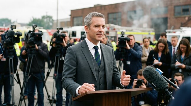 Close medium shot of a crisis manager confidently addressing media about an ongoing industrial incident with outoffocus cameras and microphones creating highpressure atmosphere.