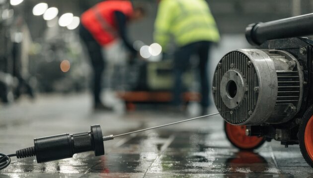 Handheld device capturing wear data from a floor scrubbers motor with blurred maintenance crew and equipment filling the background.