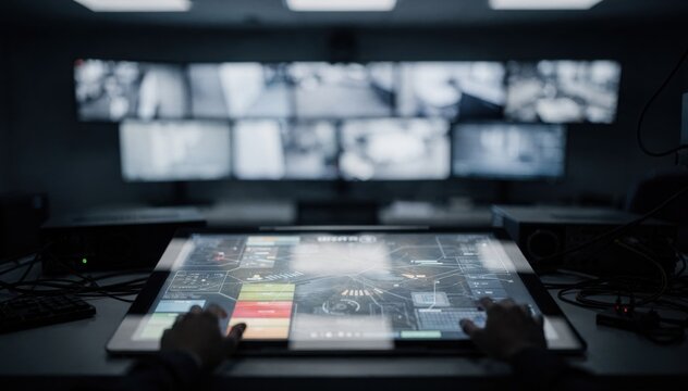 Central control desk in a dimly lit security command center focused on an interactive touch console for alarms with out of focus camera monitors along the wall.