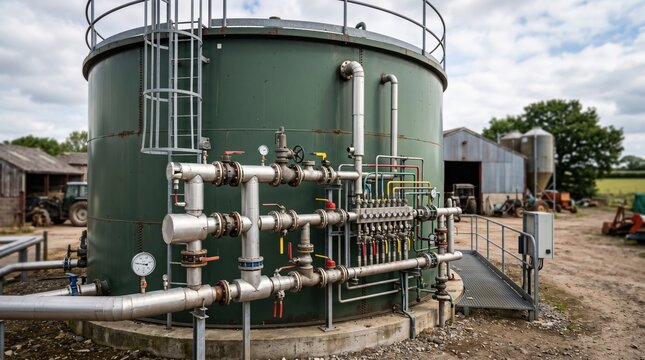 Medium shot of a large enclosed anaerobic digester tank with pipes and valves in sharp focus blurred background showing farm structures.