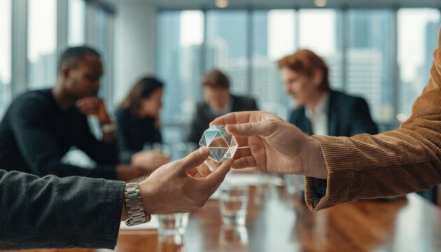 Focused shot of hands exchanging digital asset with a blurred multiparty negotiation in the background depicting crossborder smart contract management for IP leases.