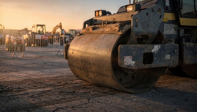 Sunrise glow highlights the textured surface of a road roller in focus with additional rental roadwork equipment softly out of focus behind barricades.