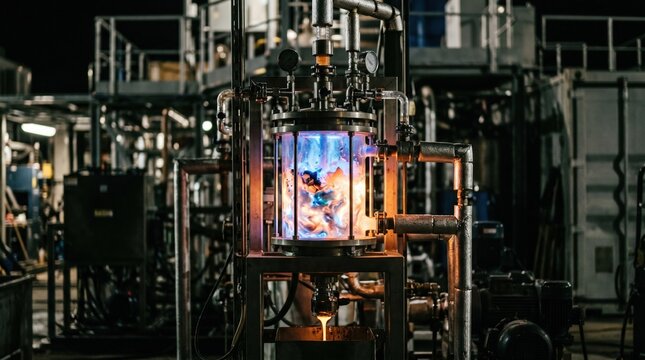 Medium shot highlighting glowing chemical reactor chamber converting plastic waste surrounded by indistinct modular unit components in soft focus.