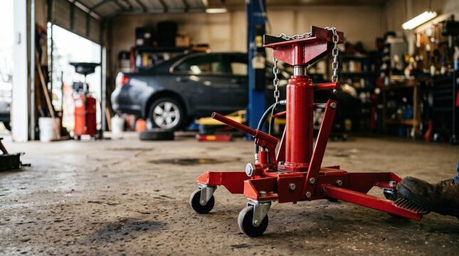 Detailed view of a transmission jack highlighted with a garage background softly out of focus ideal for home car maintenance rentals.