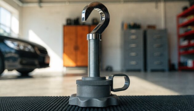 Detailed view of a transmission jack highlighted with a garage background softly out of focus ideal for home car maintenance rentals.