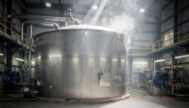 Enclosed digester building with steam venting gently tank surface in crisp clarity and adjacent machinery fading into a softer focus.