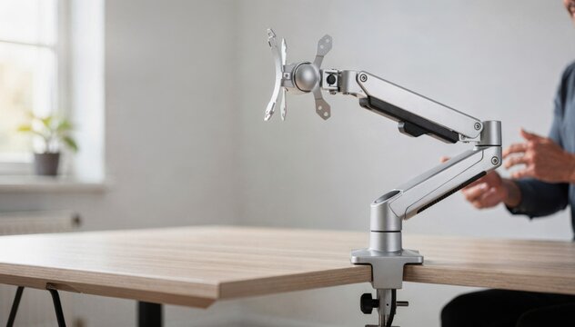 Compact dual monitor arms highlighted with outoffocus surroundings emphasizing easy installation and ergonomic adjustment options for trial use.