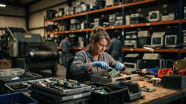 Medium shot of a worker carefully separating circuit boards from old electronics in a cluttered warehouse with blurred background machinery and stacked devices.