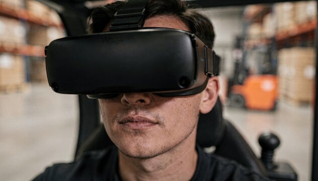 Focused view on a persons concentrated facial expression through VR goggles during forklift simulation with training environment softly blurred to keep attention on the trainee.