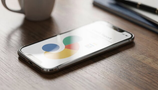 Medium shot of a smartphone lying on a table with a credit report app open shallow depth of field blurring surrounding objects for clarity.