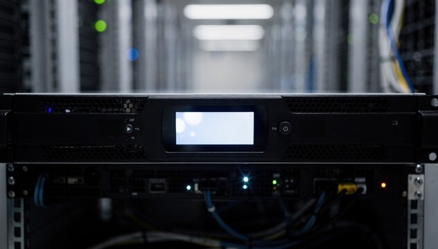 Medium shot of rackmounted UPS system with illuminated display panel main unit sharply focused against a blurred server room backdrop.