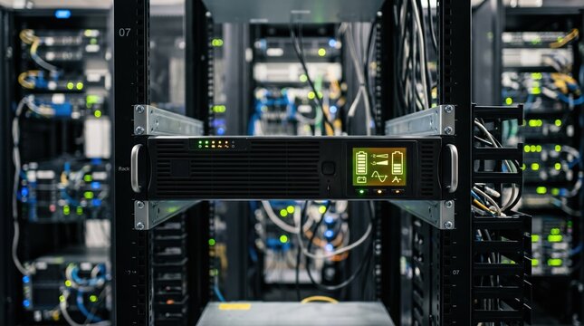 Medium shot of rackmounted UPS system with illuminated display panel main unit sharply focused against a blurred server room backdrop.