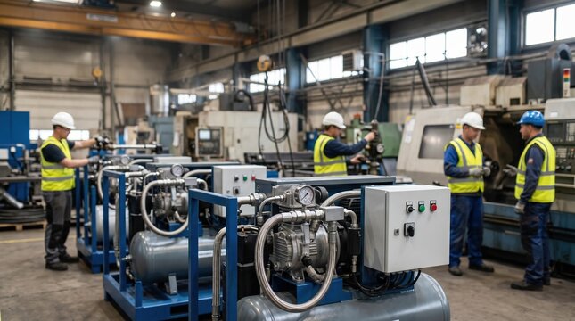 Indoor factory scene showing detailed skid compressors and air dryers in focus with softly blurred machinery and workers emphasizing air system rental support.