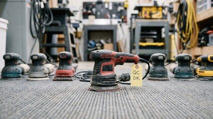Fototapeta premium Medium shot focusing on sanders arranged for inspection highlighting one in crisp detail while surrounding carpet floor equipment fades softly.