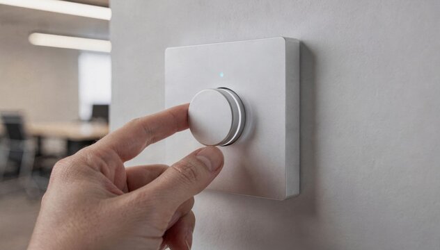 Closeup of a smart dimmable LED system being adjusted for brightness showing clear details of the control panel and softfocused office environment behind.