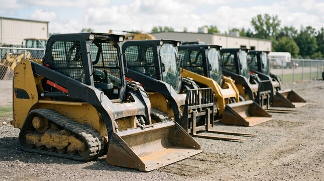Row of compact loaders fitted with buckets and forks parked side by side the foremost loader sharply in focus while the rest blur into soft depth of field.