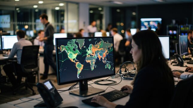 Corporate communications media center capturing detailed sentiment analysis and coverage maps on primary displays emphasizing main monitor with colleagues blurred behind.