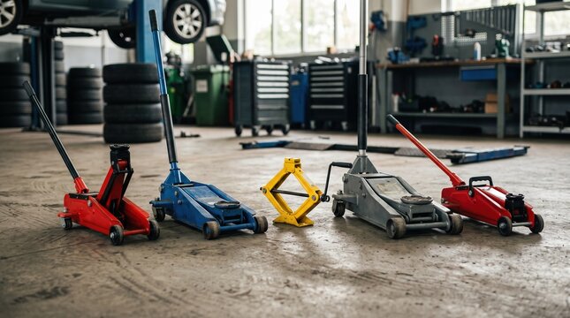 Medium shot of assorted floor jacks sharply in focus on a workshop floor with automotive equipment softly blurred to highlight rental gear.