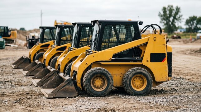 Medium shot of compact skid steer loaders parked in a row buckets attached with the main loader in crisp focus and background machines softly blurred.