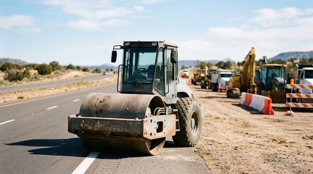 Sharp focus on a closeup of a road compactor with softly blurred machinery lined up behind barricades along a sunlit empty highway stretch.