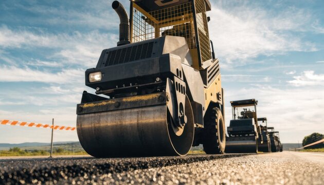 Sharp focus on a closeup of a road compactor with softly blurred machinery lined up behind barricades along a sunlit empty highway stretch.