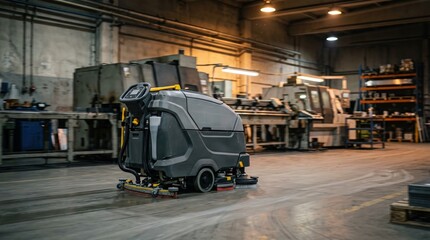 Naklejka premium Medium shot of an autonomous rental floor scrubber gliding through a dimly lit factory main unit in sharp focus while background machinery blurs softly.