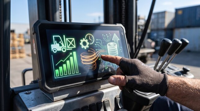 Detailed medium shot of a forklift operators hand interacting with a touch screen highlighting sensor inputs measuring load weight and operation time for dynamic rental fee