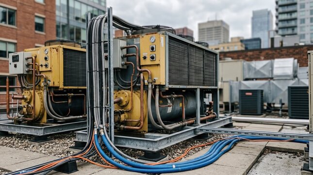 Closeup medium shot capturing temporary chiller plant components on a rooftop with outoffocus cityscape and building elements surrounding the equipment.
