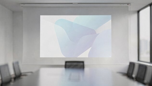Medium shot of a pulldown conference projector screen with a bright presentation projected main screen in focus and surrounding meeting room blurred softly.