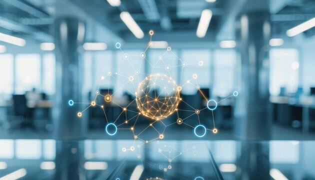 Closeup on a blockchain interface confirming multiparty signatures on an IP lease contract blurred office setting emphasizing secure automated transactions.