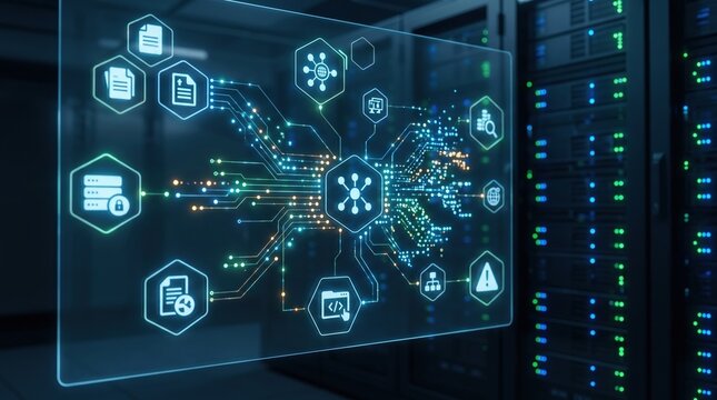 Medium shot of a digital dashboard displaying compiled credit profiles with server towers behind gently out of focus highlighting seamless multisource data fusion.
