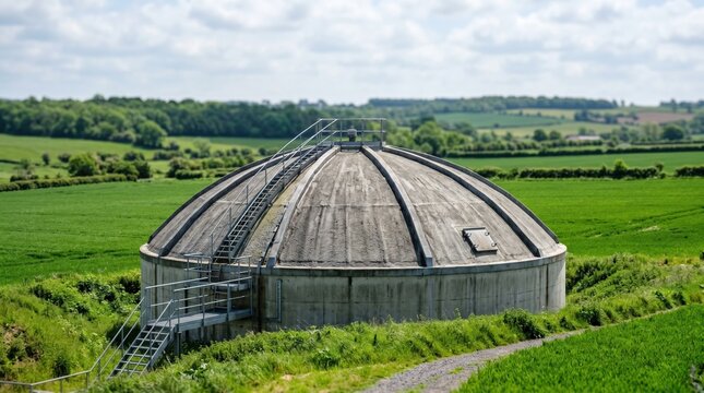 Medium shot highlighting the top dome of a covered digester tank surrounded by green fields main dome sharply detailed with a softly blurred horizon.