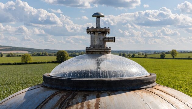 Medium shot highlighting the top dome of a covered digester tank surrounded by green fields main dome sharply detailed with a softly blurred horizon.