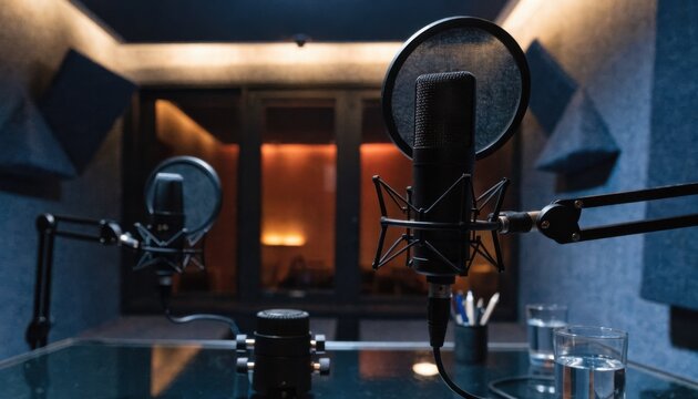 Medium shot of a podcast recording booth highlighting a professional microphone in sharp focus with softly blurred background equipment for a branded interview series.
