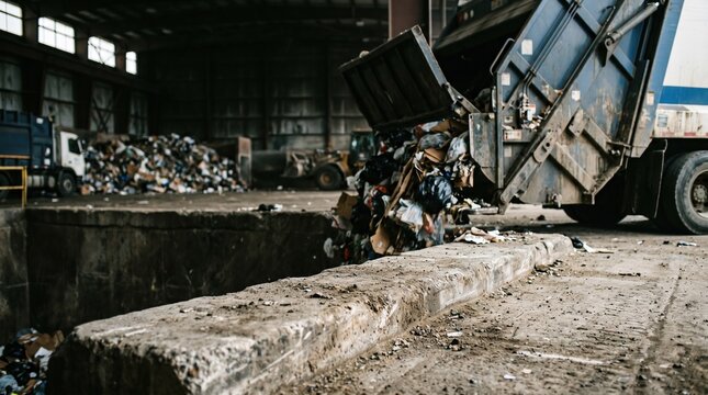 Focus on the edge of a transfer station concrete floor as a garbage truck releases compacted refuse while the open bay behind stays out of focus.