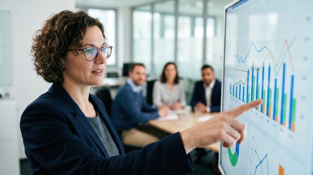 Focused view of a digital strategist pointing at detailed campaign analytics on a large monitor showcasing clear data charts with the client team sitting out of focus.