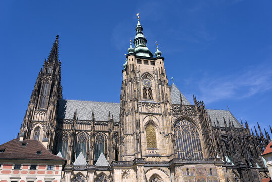 The exterior of St Vitus Cathedral in Prague Castle on a clear sunny day. Prague, Czech Republic 