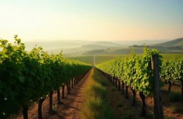 Naklejka premium Vineyard rows stretch towards hills under soft morning light. Lush green grapevines grow on fertile land. This scenic landscape offers a peaceful rural escape.